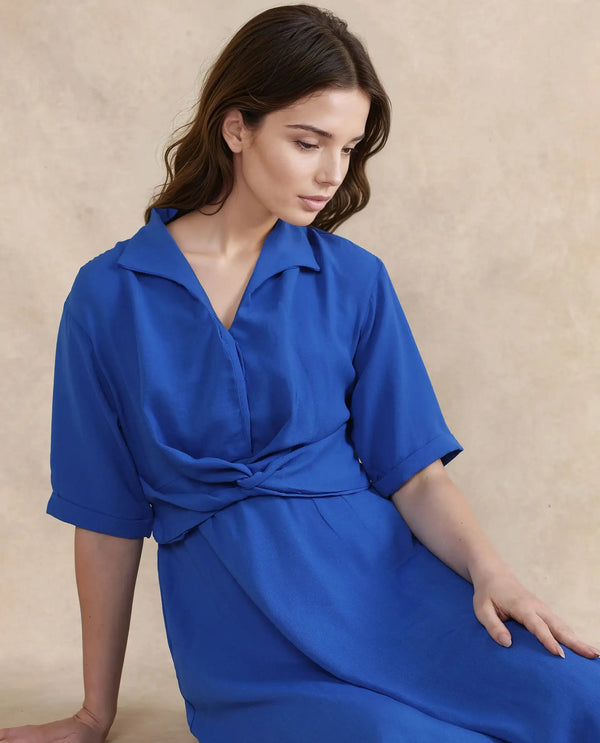 Rareism Women Fedrez Navy Polyester Fabric Bell Sleeves Cowl Neck Flared Maxi Plain Dress