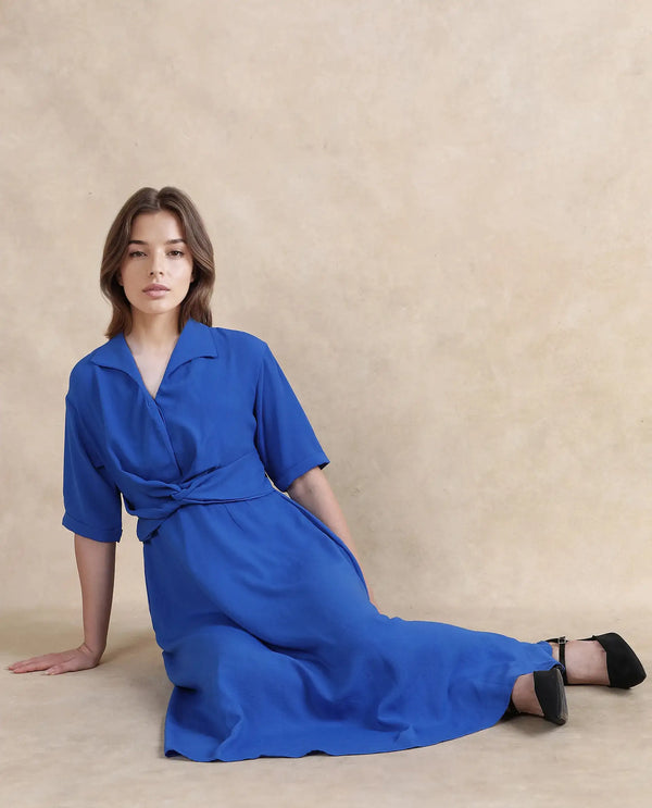 Rareism Women Fedrez Navy Polyester Fabric Bell Sleeves Cowl Neck Flared Maxi Plain Dress