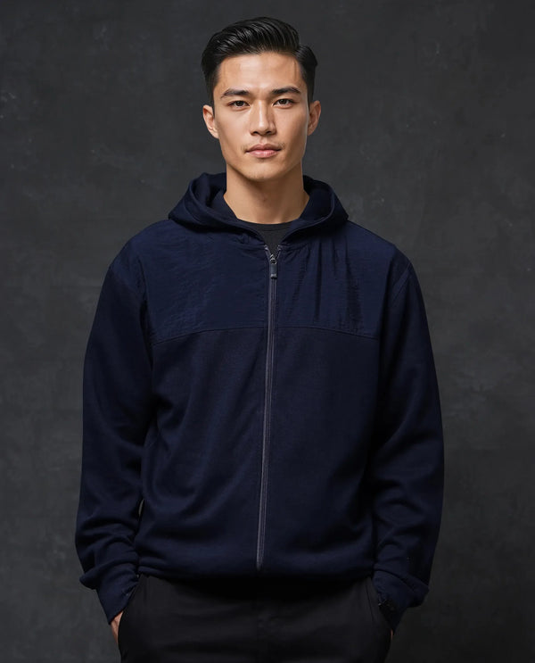 Rare Rabbit Men Fego Navy Cotton Poly Fabric Full Sleeve Zipper Closure Hooded Plain Sweatshirt