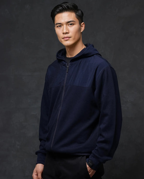 Rare Rabbit Men Fego Navy Cotton Poly Fabric Full Sleeve Zipper Closure Hooded Plain Sweatshirt