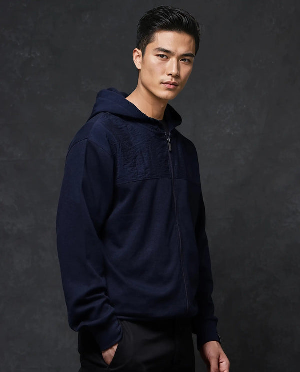 Rare Rabbit Men Fego Navy Cotton Poly Fabric Full Sleeve Zipper Closure Hooded Plain Sweatshirt