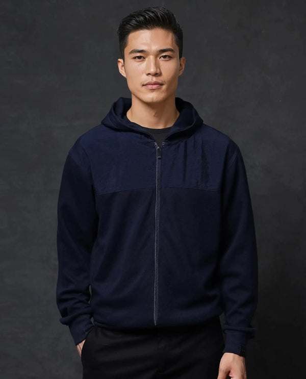 Rare Rabbit Men Fego Navy Cotton Poly Fabric Full Sleeve Zipper Closure Hooded Plain Sweatshirt