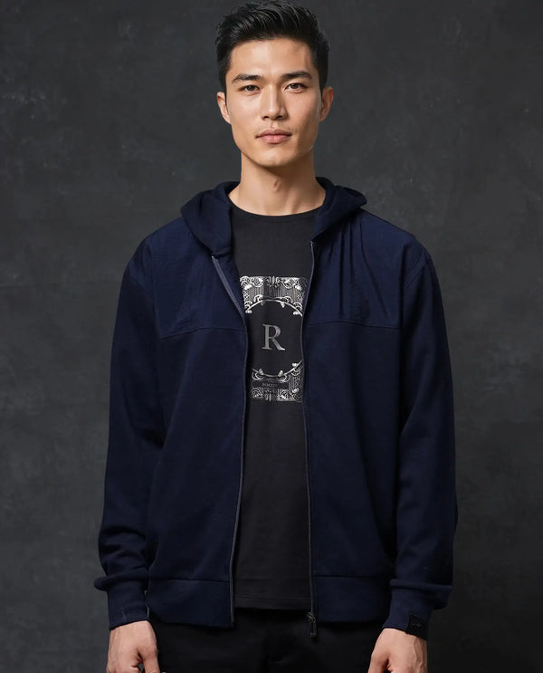 Rare Rabbit Men Fego Navy Cotton Poly Fabric Full Sleeve Zipper Closure Hooded Plain Sweatshirt