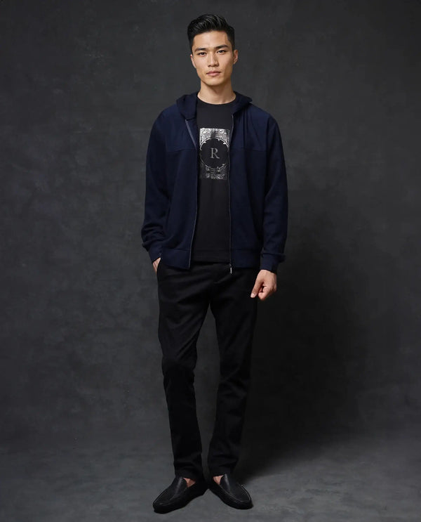 Rare Rabbit Men Fego Navy Cotton Poly Fabric Full Sleeve Zipper Closure Hooded Plain Sweatshirt