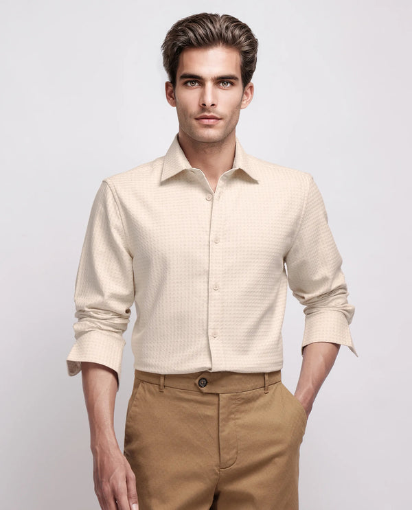Rare Rabbit Men's Fei Ls Beige Cotton Fabric Full Sleeve Collared Neck Button Closure Textured Shirt