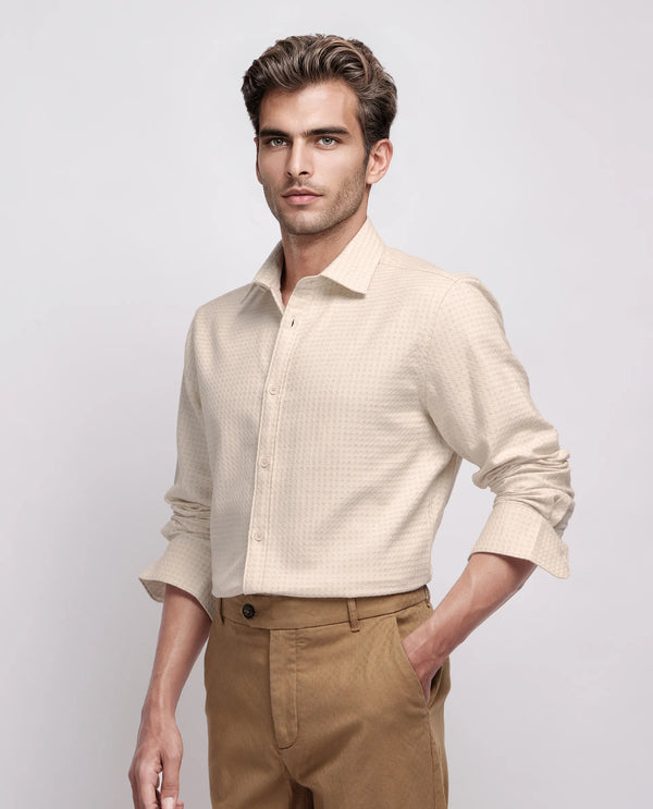 Rare Rabbit Men's Fei Ls Beige Cotton Fabric Full Sleeve Collared Neck Button Closure Textured Shirt