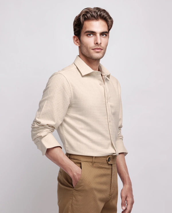 Rare Rabbit Men's Fei Ls Beige Cotton Fabric Full Sleeve Collared Neck Button Closure Textured Shirt