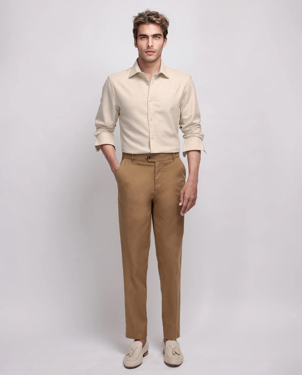 Rare Rabbit Men's Fei Ls Beige Cotton Fabric Full Sleeve Collared Neck Button Closure Textured Shirt