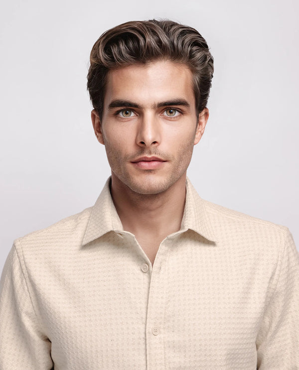 Rare Rabbit Men's Fei Ls Beige Cotton Fabric Full Sleeve Collared Neck Button Closure Textured Shirt