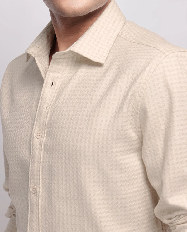 Rare Rabbit Men's Fei Ls Beige Cotton Fabric Full Sleeve Collared Neck Button Closure Textured Shirt
