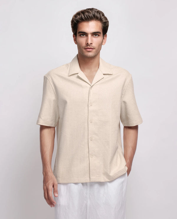 Rare Rabbit Men's Fei Ss Beige Cotton Fabric Short Sleeve Collared Neck Button Closure Textured Shirt