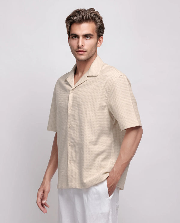 Rare Rabbit Men's Fei Ss Beige Cotton Fabric Short Sleeve Collared Neck Button Closure Textured Shirt