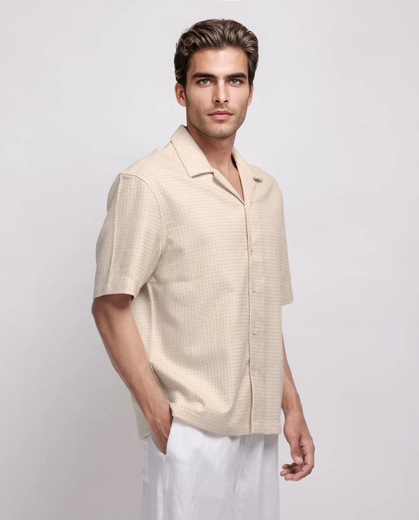 Rare Rabbit Men's Fei Ss Beige Cotton Fabric Short Sleeve Collared Neck Button Closure Textured Shirt