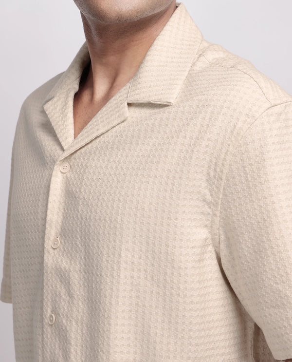 Rare Rabbit Men's Fei Ss Beige Cotton Fabric Short Sleeve Collared Neck Button Closure Textured Shirt