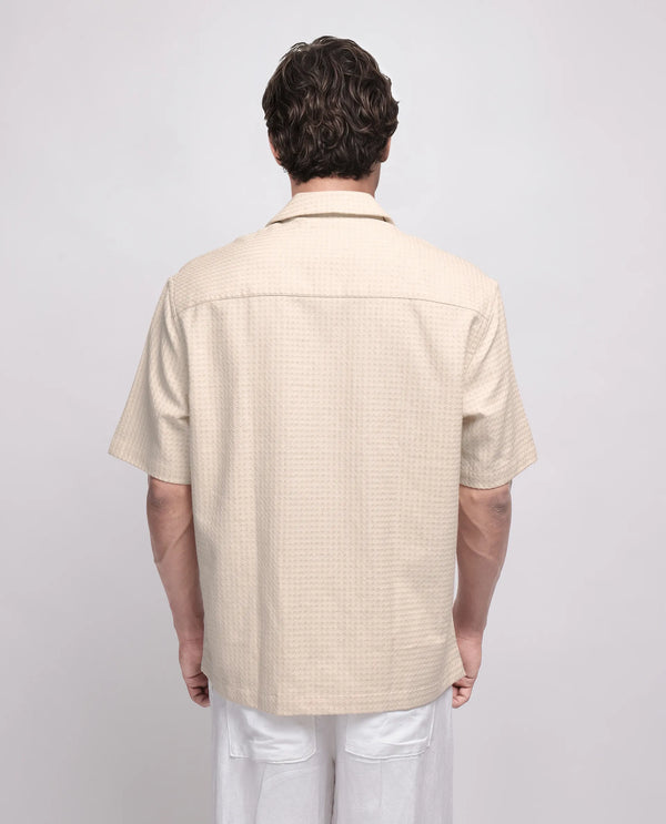 Rare Rabbit Men's Fei Ss Beige Cotton Fabric Short Sleeve Collared Neck Button Closure Textured Shirt