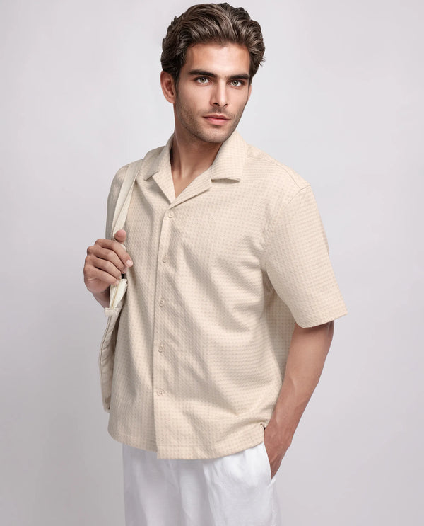 Rare Rabbit Men's Fei Ss Beige Cotton Fabric Short Sleeve Collared Neck Button Closure Textured Shirt