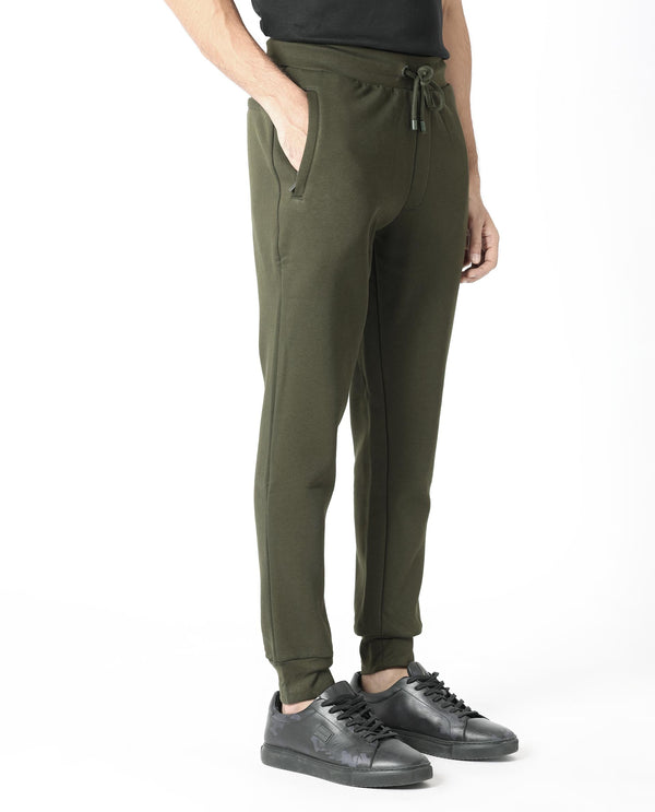 Rare Rabbit Men's Fenit Olive Cotton Polyester Fabric Drawstring Closure Regular Fit Mid Rise Trackpant