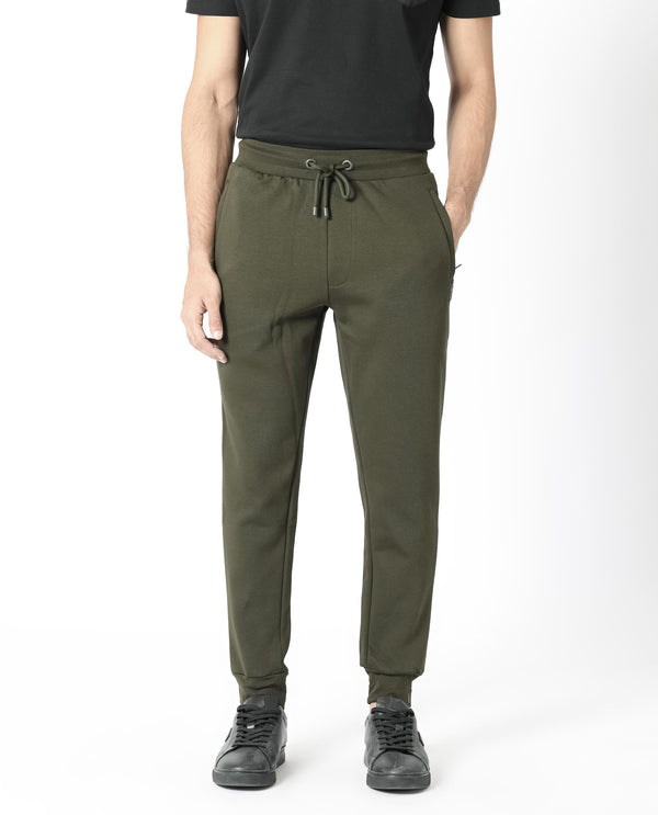 Rare Rabbit Men's Fenit Olive Cotton Polyester Fabric Drawstring Closure Regular Fit Mid Rise Trackpant