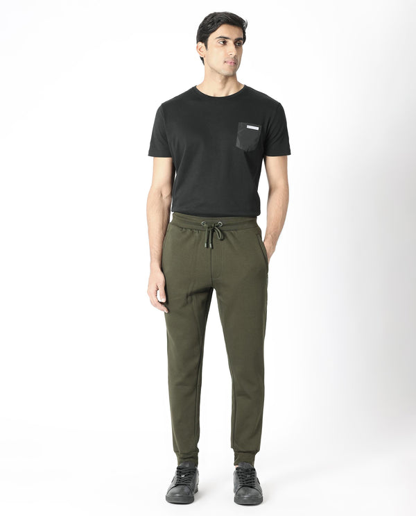 Rare Rabbit Men's Fenit Olive Cotton Polyester Fabric Drawstring Closure Regular Fit Mid Rise Trackpant