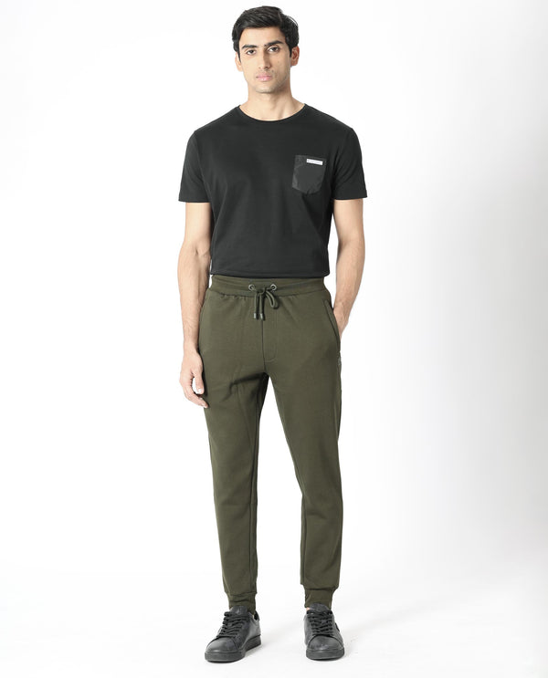 Rare Rabbit Men's Fenit Olive Cotton Polyester Fabric Drawstring Closure Regular Fit Mid Rise Trackpant