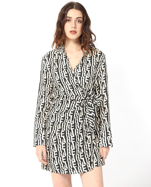 Rareism Women Sent Off White Abstract Print V Wrap Neck Full Sleeves With Pockets Wrap Mini Dress