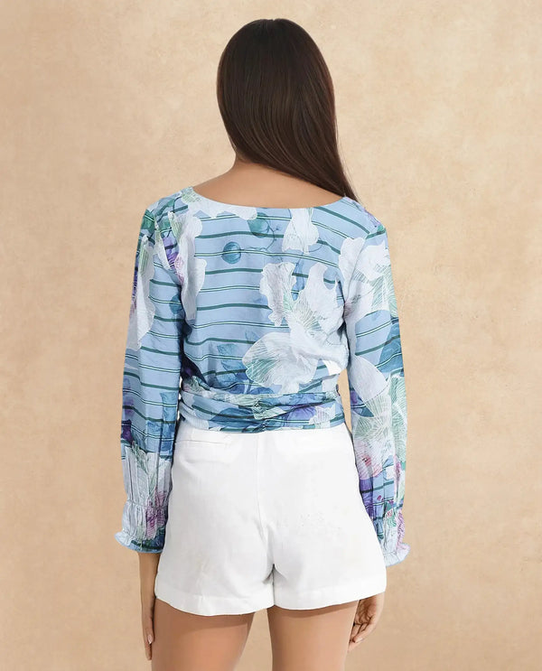 Rareism Women Feonao Blue Bishop Sleeve Crew Neck Zipper Closure Floral Print Cropped Top