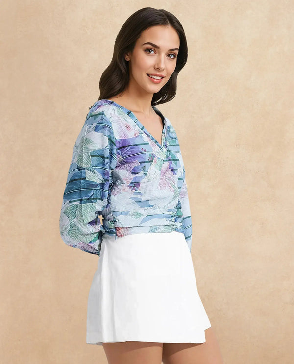 Rareism Women Feonao Blue Bishop Sleeve Crew Neck Zipper Closure Floral Print Cropped Top