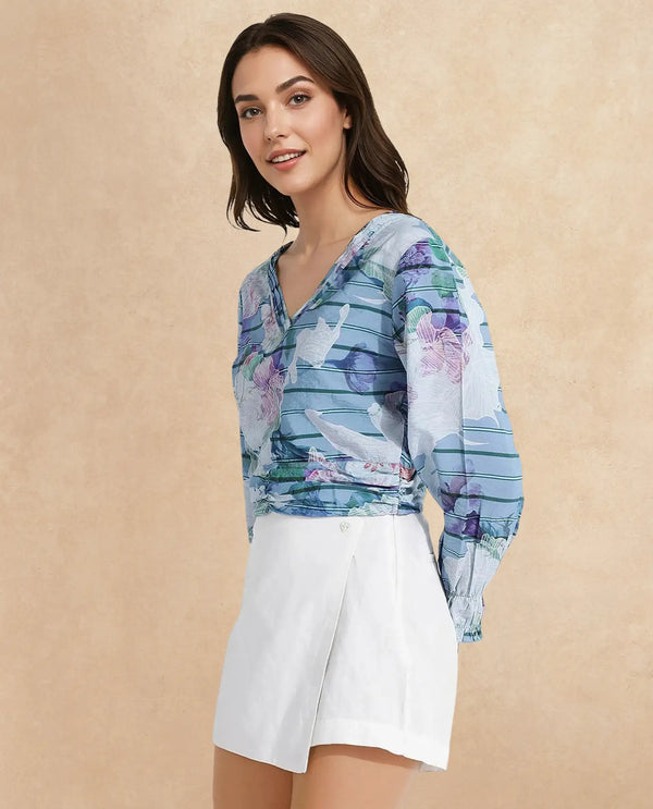 Rareism Women Feonao Blue Bishop Sleeve Crew Neck Zipper Closure Floral Print Cropped Top
