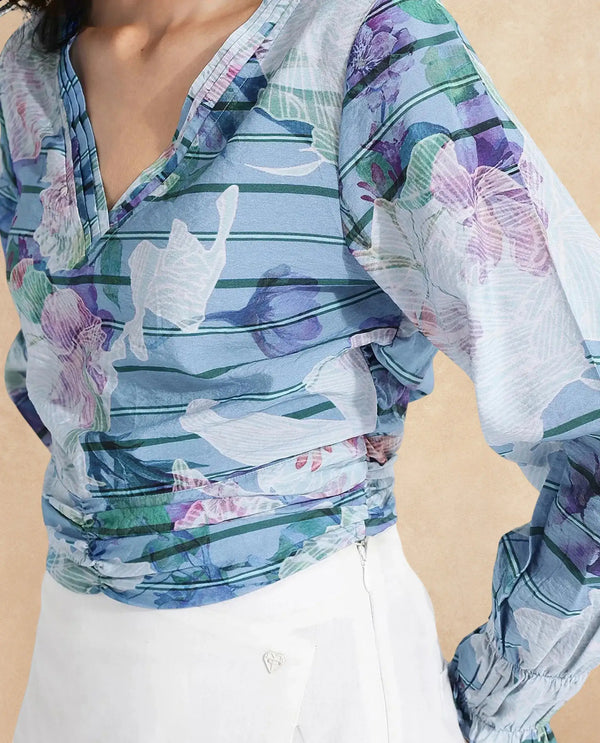 Rareism Women Feonao Blue Bishop Sleeve Crew Neck Zipper Closure Floral Print Cropped Top