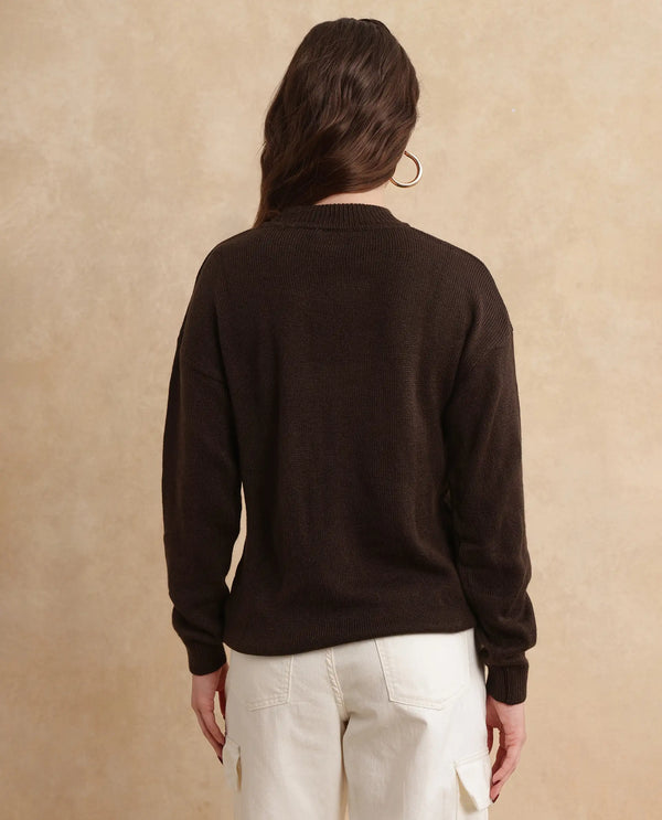 Rareism Women Ferny Brown Acrylic Nylon Fabric Full Sleeve Turtle Neck Plain Sweater