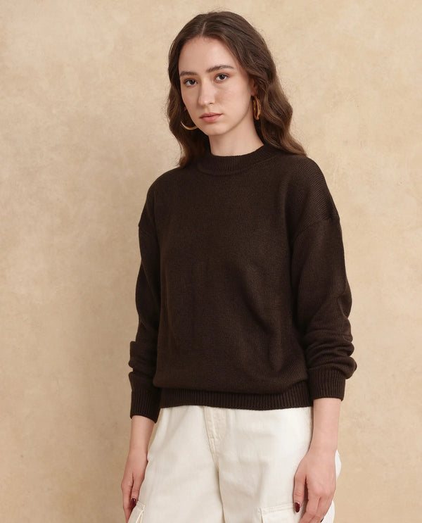 Rareism Women Ferny Brown Acrylic Nylon Fabric Full Sleeve Turtle Neck Plain Sweater