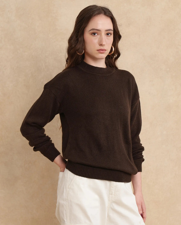 Rareism Women Ferny Brown Acrylic Nylon Fabric Full Sleeve Turtle Neck Plain Sweater