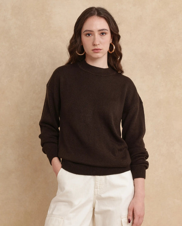 Rareism Women Ferny Brown Acrylic Nylon Fabric Full Sleeve Turtle Neck Plain Sweater