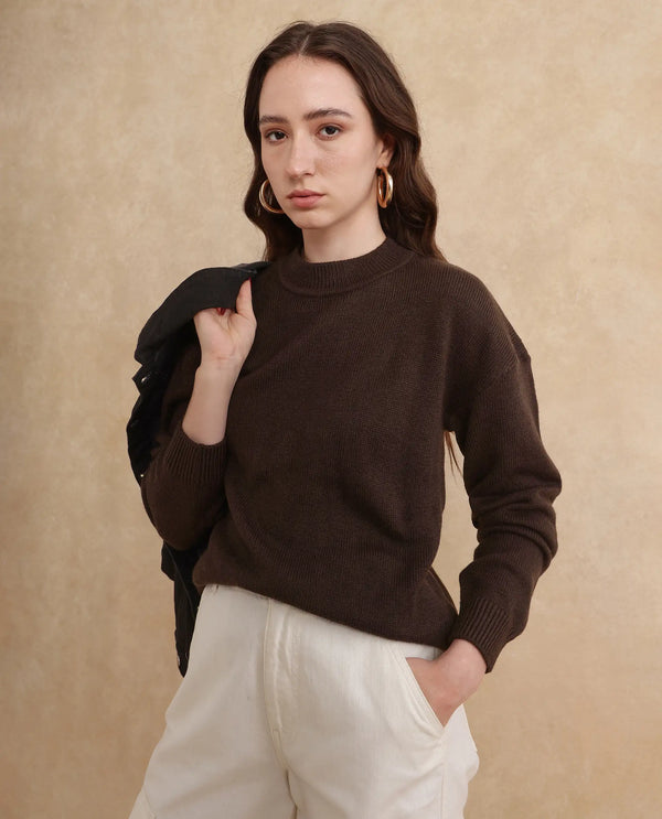 Rareism Women Ferny Brown Acrylic Nylon Fabric Full Sleeve Turtle Neck Plain Sweater