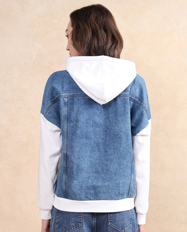 Rareism Women Ferra White Cotton Blend Fabric Full Sleeve Hooded Relaxed Fit Plain Sweatshirt