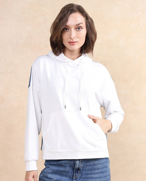 Rareism Women Ferra White Cotton Blend Fabric Full Sleeve Hooded Relaxed Fit Plain Sweatshirt