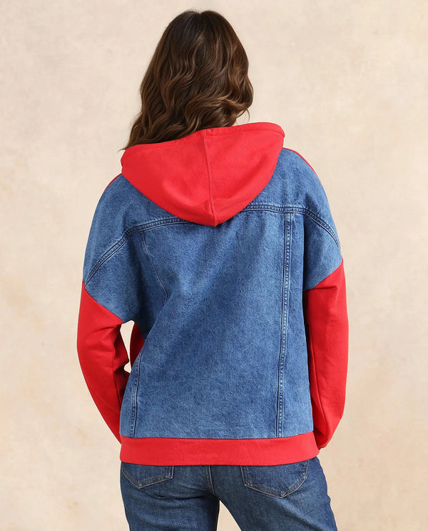 Rareism Women Ferra Red Cotton Blend Fabric Full Sleeve Hooded Relaxed Fit Plain Sweatshirt
