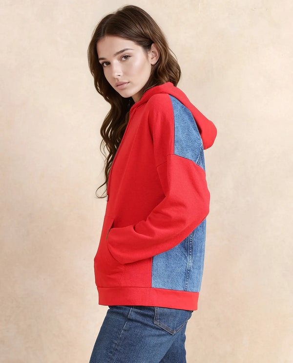 Rareism Women Ferra Red Cotton Blend Fabric Full Sleeve Hooded Relaxed Fit Plain Sweatshirt