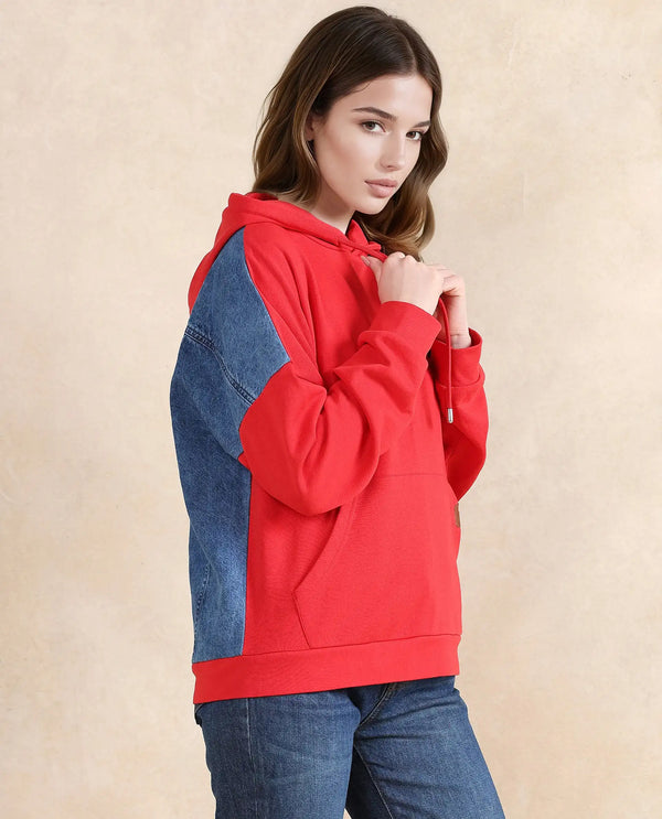 Rareism Women Ferra Red Cotton Blend Fabric Full Sleeve Hooded Relaxed Fit Plain Sweatshirt