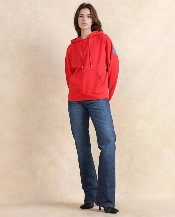 Rareism Women Ferra Red Cotton Blend Fabric Full Sleeve Hooded Relaxed Fit Plain Sweatshirt