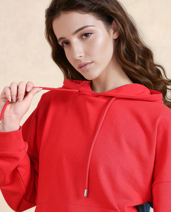 Rareism Women Ferra Red Cotton Blend Fabric Full Sleeve Hooded Relaxed Fit Plain Sweatshirt