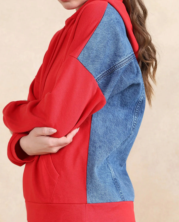 Rareism Women Ferra Red Cotton Blend Fabric Full Sleeve Hooded Relaxed Fit Plain Sweatshirt