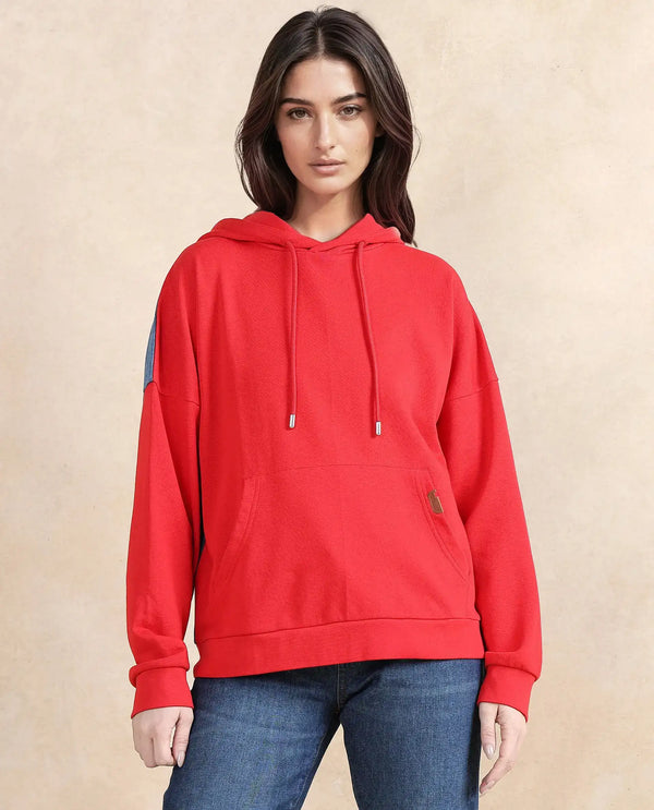 Rareism Women Ferra Red Cotton Blend Fabric Full Sleeve Hooded Relaxed Fit Plain Sweatshirt