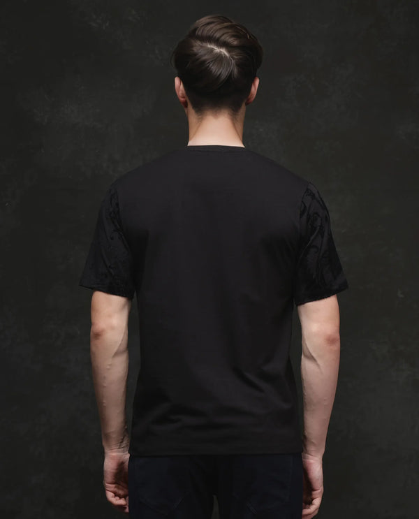 Rare Rabbit Men's Ferris-1 Black Cotton Lycra Fabric Full Sleeve Collared Neck Button Closure Striped T-Shirt