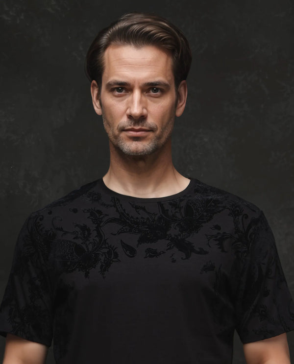 Rare Rabbit Men's Ferris-1 Black Cotton Lycra Fabric Full Sleeve Collared Neck Button Closure Striped T-Shirt