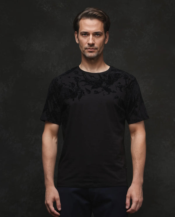 Rare Rabbit Men's Ferris-1 Black Cotton Lycra Fabric Full Sleeve Collared Neck Button Closure Striped T-Shirt
