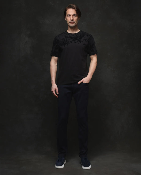 Rare Rabbit Men's Ferris-1 Black Cotton Lycra Fabric Full Sleeve Collared Neck Button Closure Striped T-Shirt