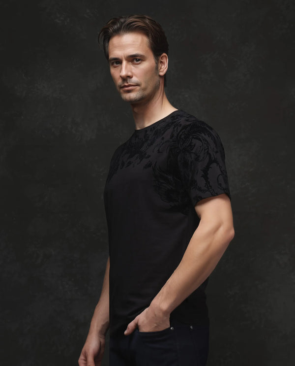 Rare Rabbit Men's Ferris-1 Black Cotton Lycra Fabric Full Sleeve Collared Neck Button Closure Striped T-Shirt