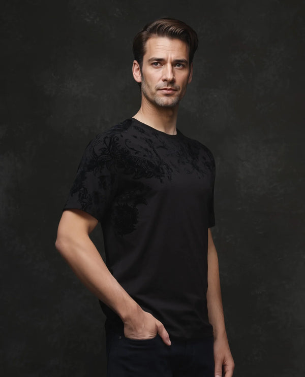 Rare Rabbit Men's Ferris-1 Black Cotton Lycra Fabric Full Sleeve Collared Neck Button Closure Striped T-Shirt