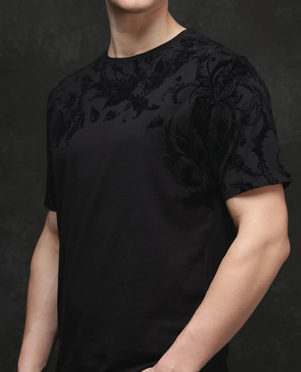 Rare Rabbit Men's Ferris-1 Black Cotton Lycra Fabric Full Sleeve Collared Neck Button Closure Striped T-Shirt